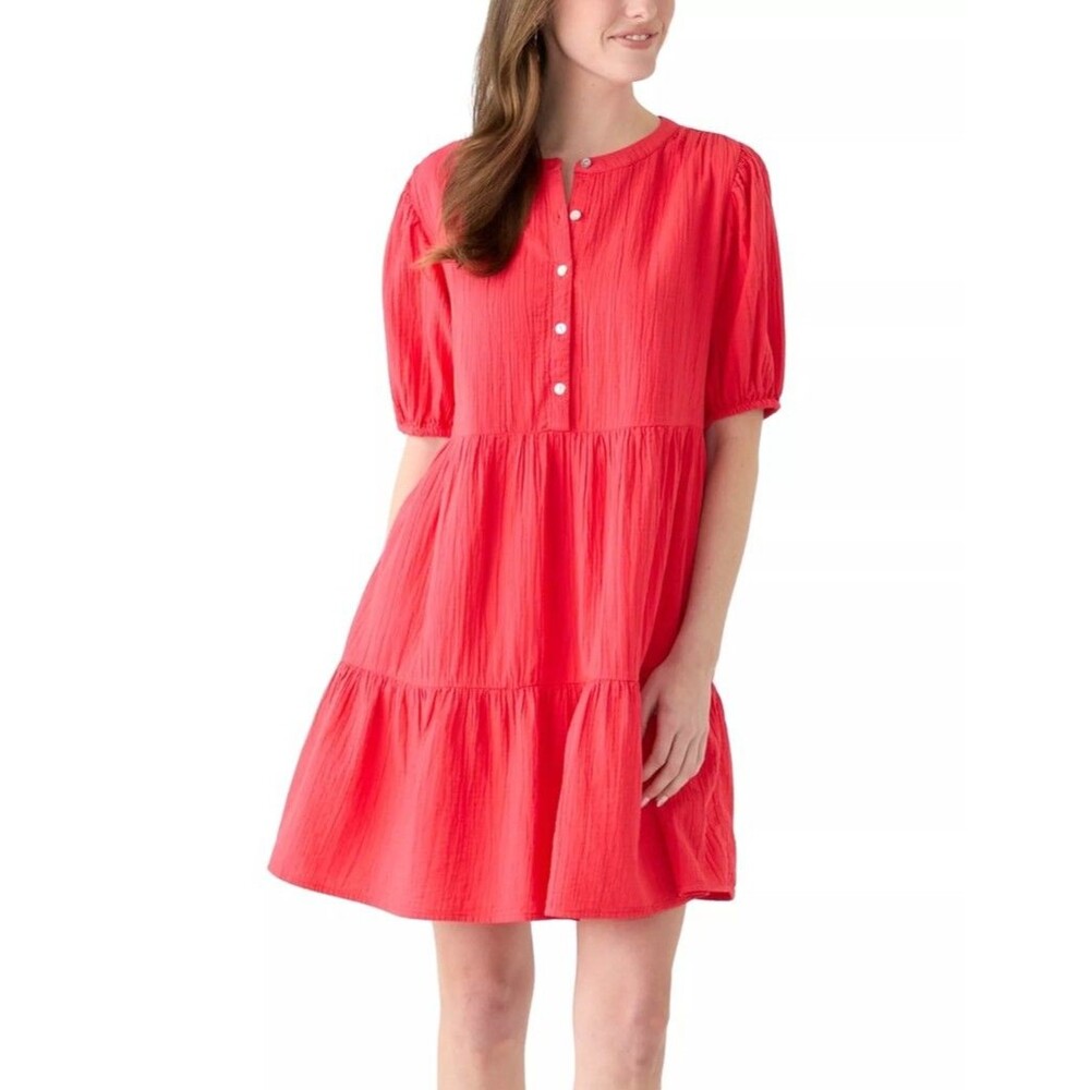 NWT Wonderly Size M Gauze Tiered Dress Cotton Button Front Pockets Boho Cottage